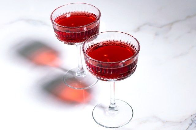 cranberry juice in 2 clear glasses