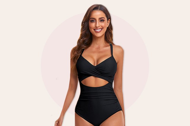 Image of brunette woman in black one-piece, cut out bathing suit