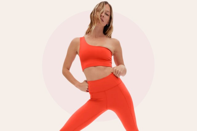 Girlfriend Collective Blood Orange Bianca One Shoulder Bra and Blood Orange Compressive High-Rise Legging