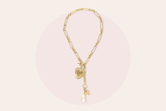 Gold, charm necklace with heart and pearl charms