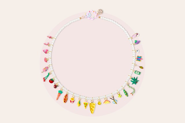 White, charm necklace with many, colorful charms
