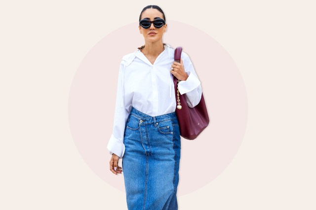 Tamara Kalinic wears denim skirt, white button shirt, burgundy bag 