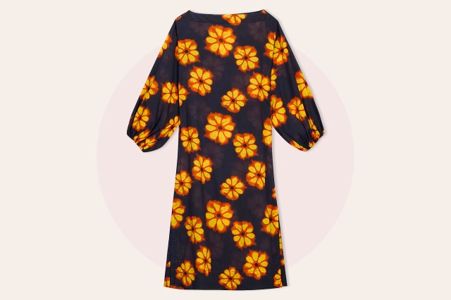 Black dress with yellow and red flower pattern
