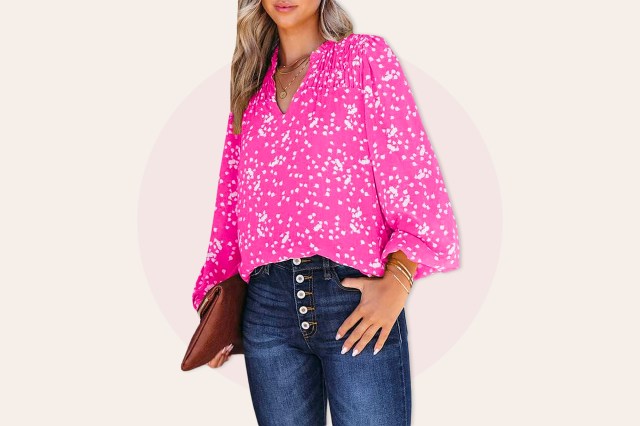 Woman wearing jeans and pink flowery shirt