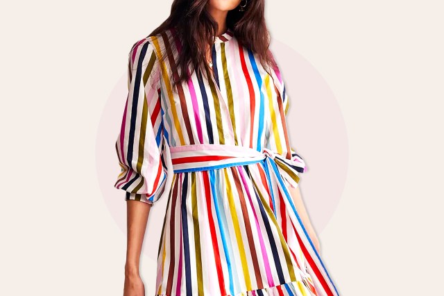 Woman in mid-length sleeve, colorful striped dress
