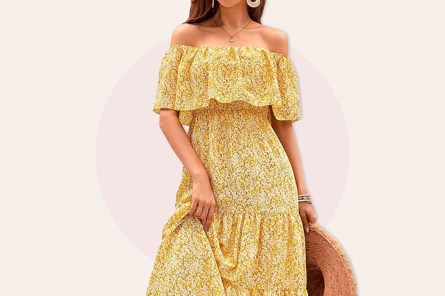 Woman wearing yellow, off the shoulder flowery dress