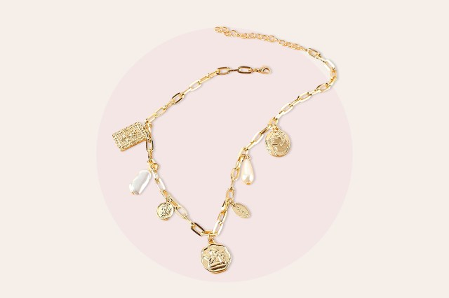 Gold, charm necklace with various gold and pearl charms