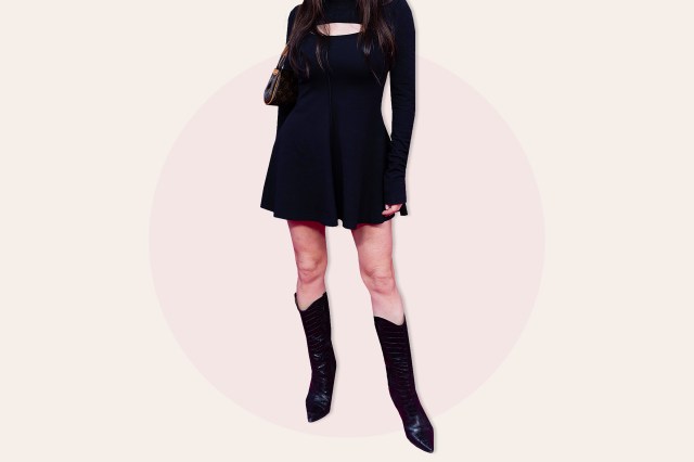 Woman wearing little black dress and tall black cowboy boots