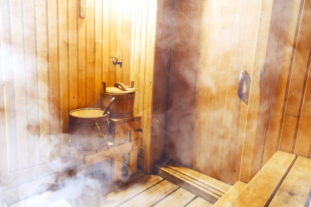 Empty, steamy sauna room