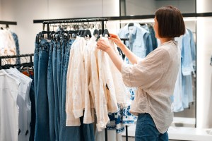 Woman shopping in clothing store, touching white shirt on rack