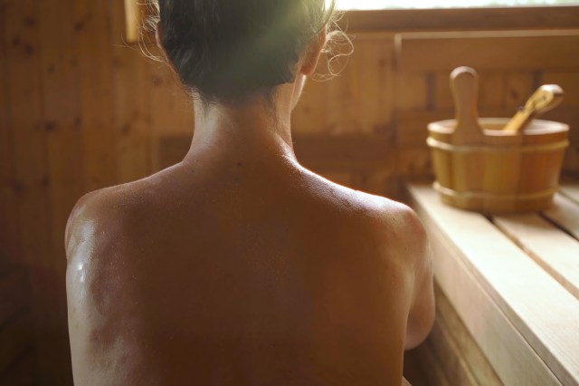 The back of a woman in a sauna