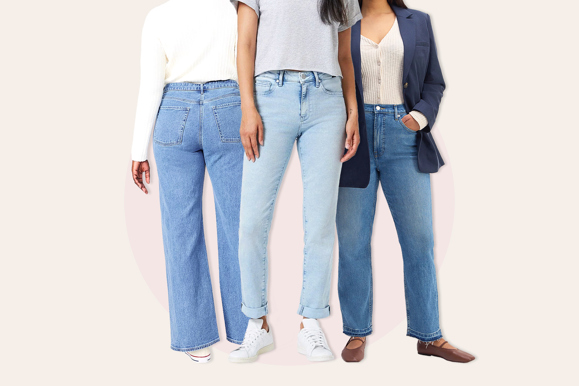 Collage of three women wearing blue jeans