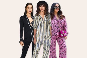 Collage of 3 celebs wearing pajama inspired outfits