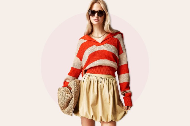 Red and white stripped sweater with cream skirt