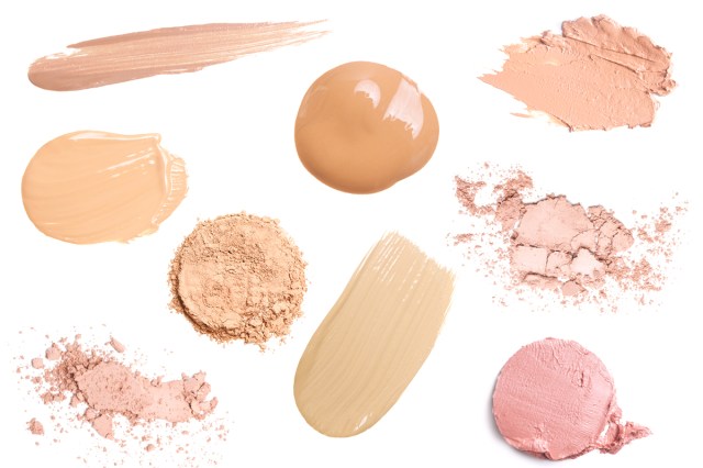 Set of various makeup samples on white background